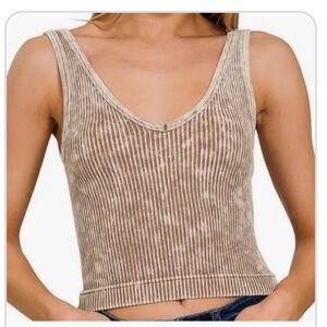 Zenana Outfitters Ribbed Crewneck Crop Top in Taupe